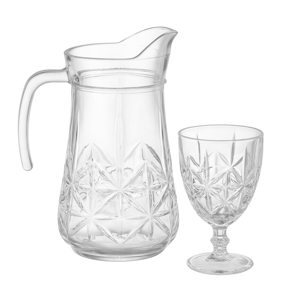 Star-Cut Premium Glass Water Set – 7-Piece Set (1.2 L Jug + 340 mL Stemmed Glasses) - Habitt