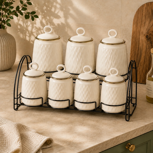 7 Pcs Canister Set with Ceramic Lid 2946 – White Textured Kitchen Storage Jars