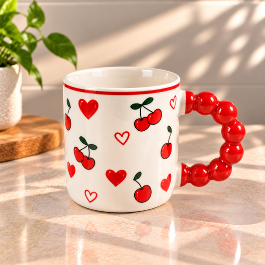 Cute Fruit Print Ceramic Coffee Mug with Red Handle – Tea & Coffee Cup