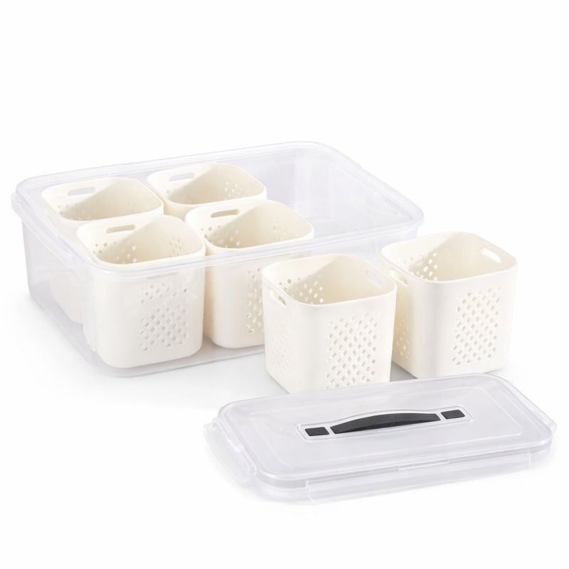 Plastic Crisper Box with 6 Partitions – Refrigerator Storage Organizer with Removable Baskets & Lid - Habitt