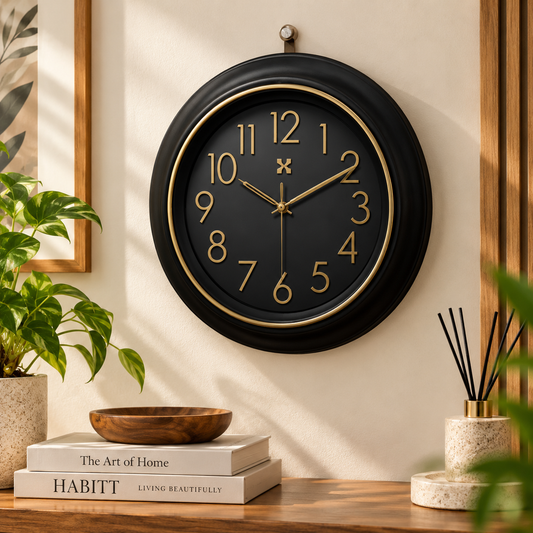Heritage Prague 2 Wall Clock 18 x 18 Inch – Black & Gold Classic Design with Elegant Round Frame (Plastic)