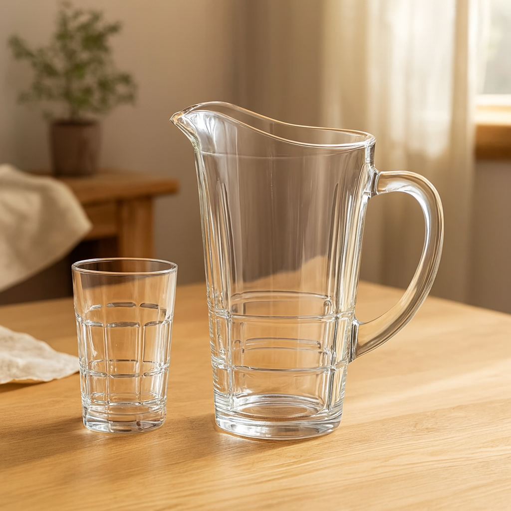 Vertical-Rib Cut Glass Water Set – 7-Piece Set (1.58 L Jug + 278 mL Glasses) - Habitt