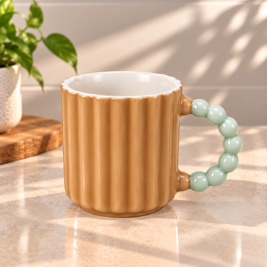 Pastel Ribbed Ceramic Coffee Mug with Beaded Handle – Cute Tea & Coffee Cup