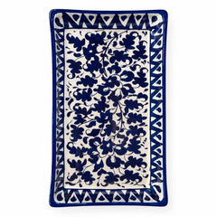 Handcrafted Blue Pottery Rectangle Platter – Floral Design (11 × 4.5 Inches) - Habitt