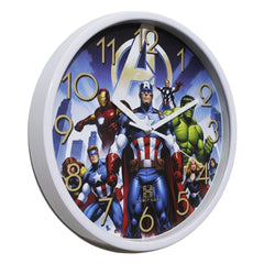 Heritage Pastel Wall Clock 12 Inch – Superhero Team Illustration with Gold Numerals & Kids Room Design (Plastic) - Habitt