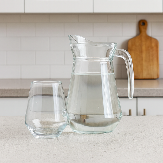 Modern Clear Glass Water Set – 7-Piece Set (1.4 L Jug + 340 mL Glasses) - Habitt