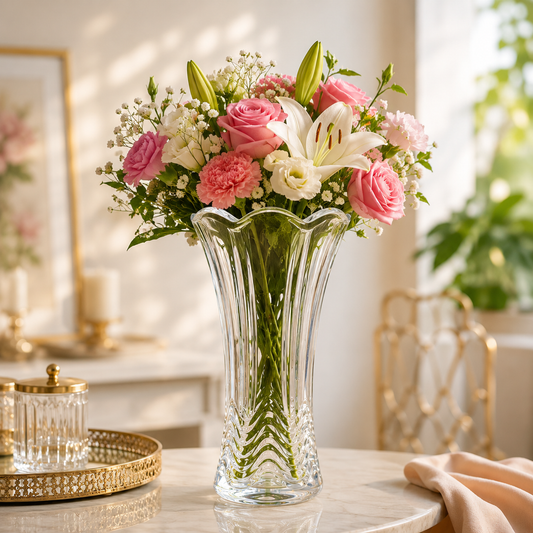 90 mm Clear Glass Flower Vase – Elegant Flared Decorative Vase for Home, Office & Table Centerpieces