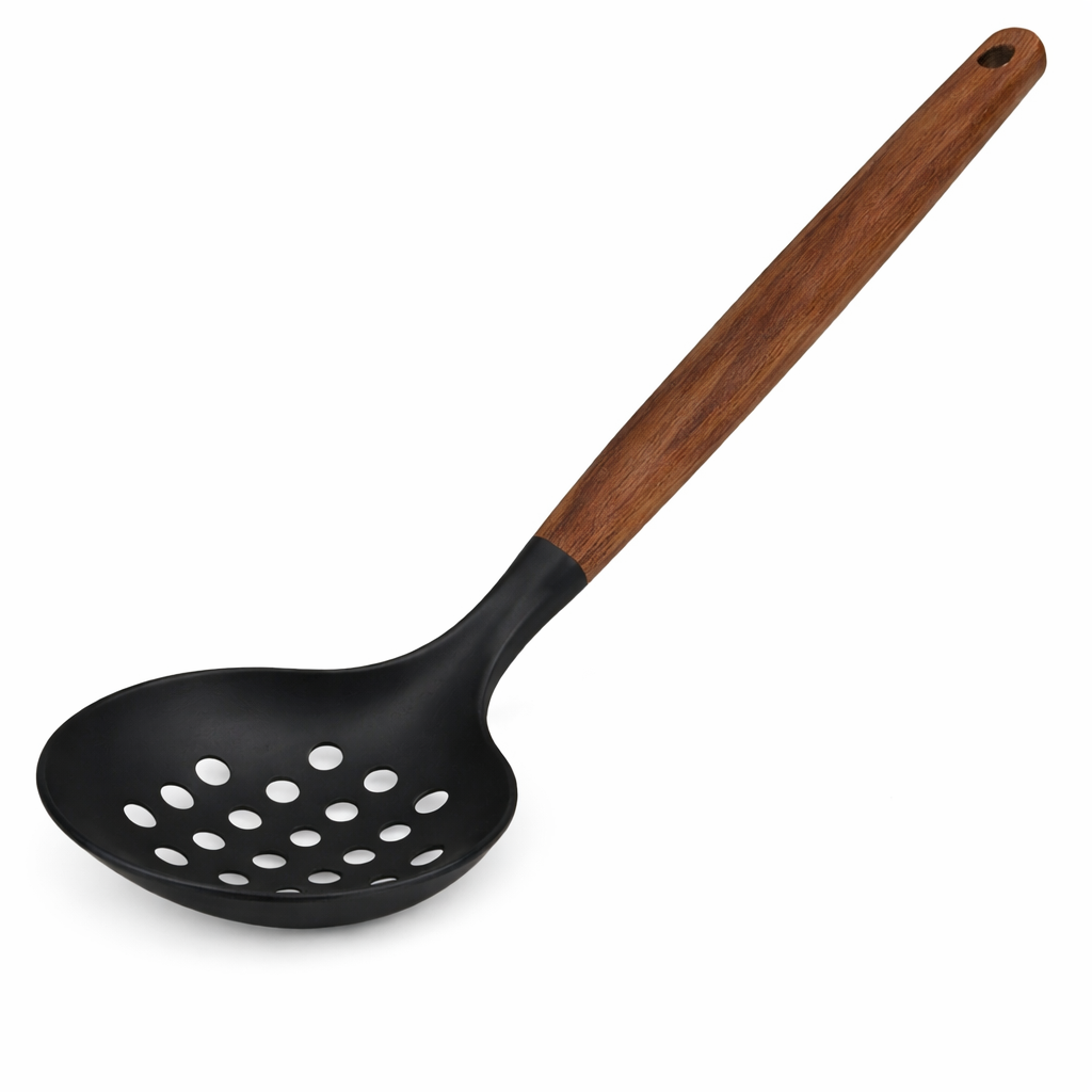 Premium Non-Stick Nylon Skimmer Spoon – Heat-Resistant Slotted Ladle with Wooden Handle - Habitt