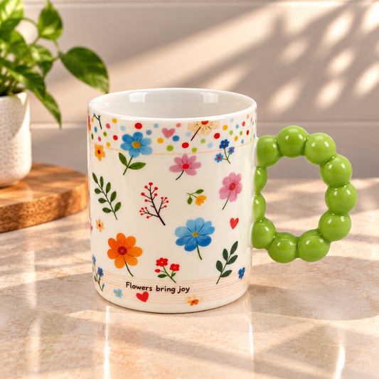 Colourful Floral Ceramic Coffee Mug with Beaded Handle – Cute Tea & Coffee Cup