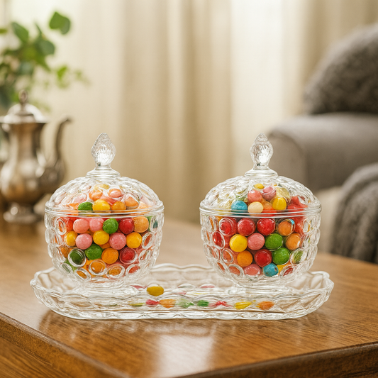 Textured Clear Glass 3-Piece Candy & Serving Set with Tray – Decorative Lidded Bowls - Habitt