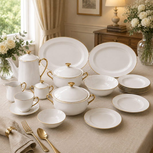 Gold Line Premium Porcelain Dinner Set | Elegant White Dinnerware with Gold Rim