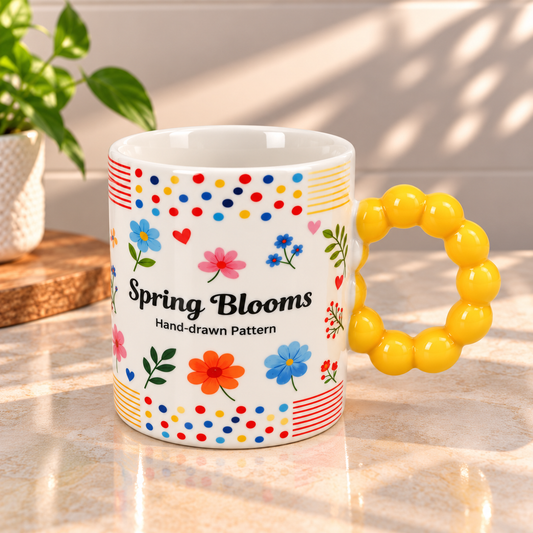 Colourful Floral Ceramic Coffee Mug with Beaded Handle – Cute Tea & Coffee Cup