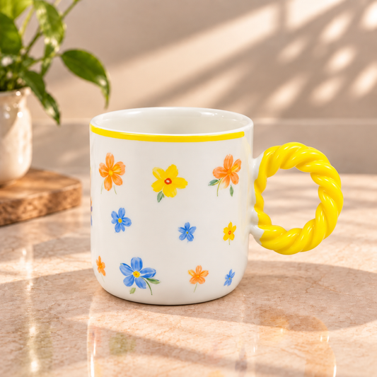 Floral Ceramic Coffee Mug with Twisted Handle – Colourful Tea & Coffee Cup