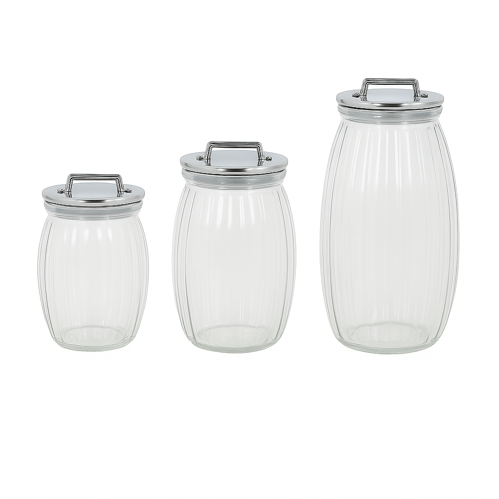 3 Pcs Sealed Storage Jars with Vertical Stripes & Handles – Variants: Gold, Rose Gold, Silver - Habitt