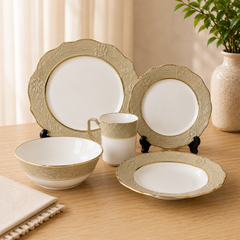 Premium Porcelain Dinner Set – Embossed Floral Design with Gold Rim