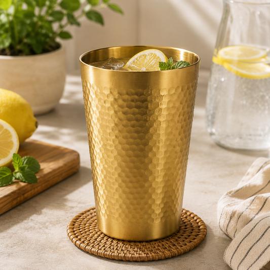 Hammered Golden Stainless Steel Glass – 450ml | Premium Gold Finish Drinking Tumbler