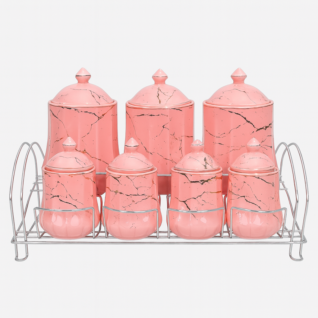 7 Pcs Canister Set with Ceramic Lid 2746 Pink Marble Kitchen Storage Jars - Habitt