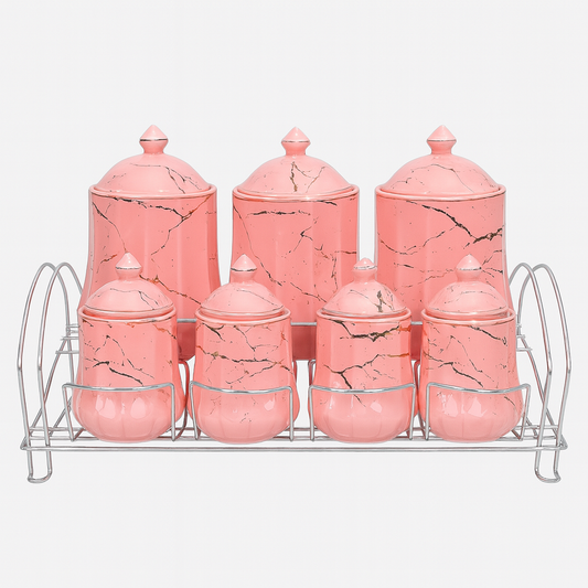 7 Pcs Canister Set with Ceramic Lid 2746 Pink Marble Kitchen Storage Jars - Habitt