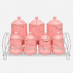 7 Pcs Canister Set with Ceramic Lid 2746 Pink Marble Kitchen Storage Jars - Habitt