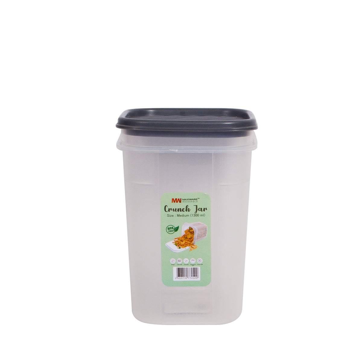 1pc Crunch Jar Medium – 1300 ml Plastic Airtight Food Storage Container (White, Red, Grey, Brown Lid Options) - Habitt