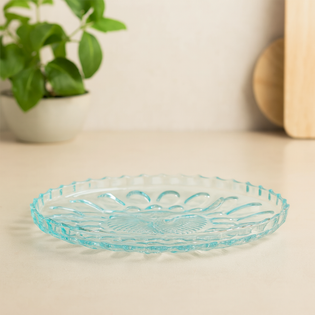 Clear Pressed-Glass Dry Fruit Tray with Floral Embossed Design – 1 Piece, 224 mm Diameter - Habitt