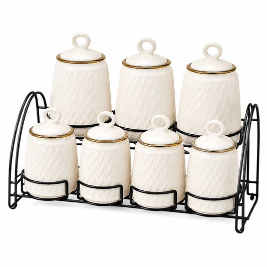 7 Pcs Canister Set with Ceramic Lid 2946 – White Textured Kitchen Storage Jars