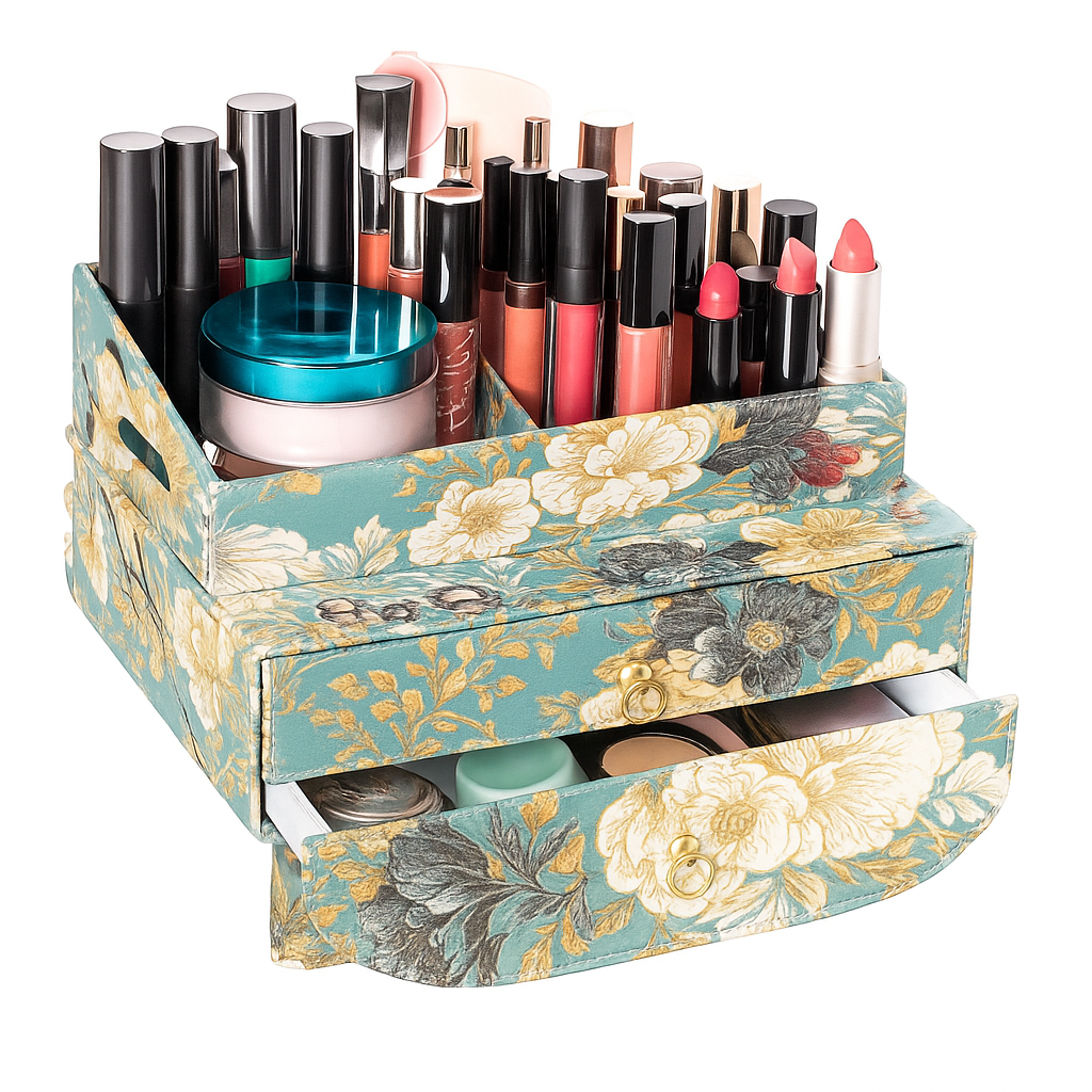 Teal Floral Beauty Organizer Multi-Slot Makeup Holder with Dual Drawer - Habitt