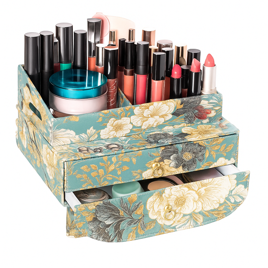 Teal Floral Beauty Organizer Multi-Slot Makeup Holder with Dual Drawer - Habitt
