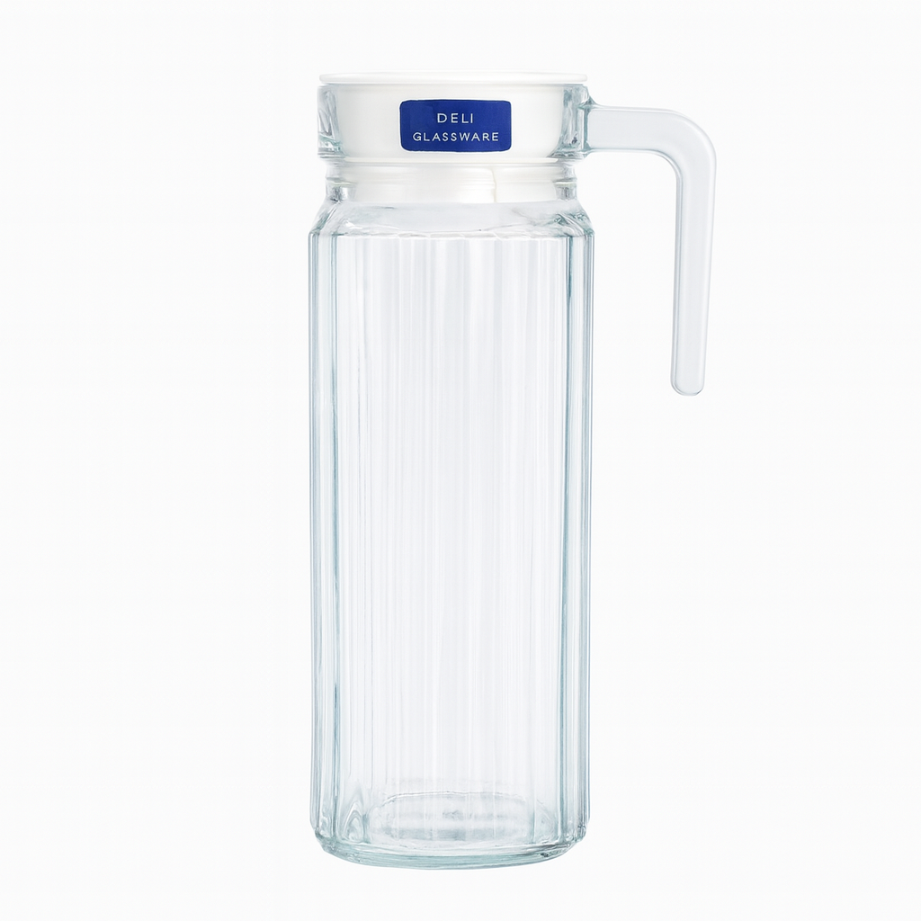 Ribbed Clear Glass Jug 1100 ml with Handle & Lid – Slim Water & Juice Pitcher for Everyday Serving - Habitt