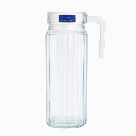Ribbed Clear Glass Jug 1100 ml with Handle & Lid – Slim Water & Juice Pitcher for Everyday Serving - Habitt