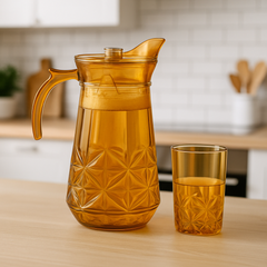 Golden-Tinted 7-Piece Water Set – 1.7 L Jug with 278 ml Glasses (Premium Cut-Design Glassware) - Habitt