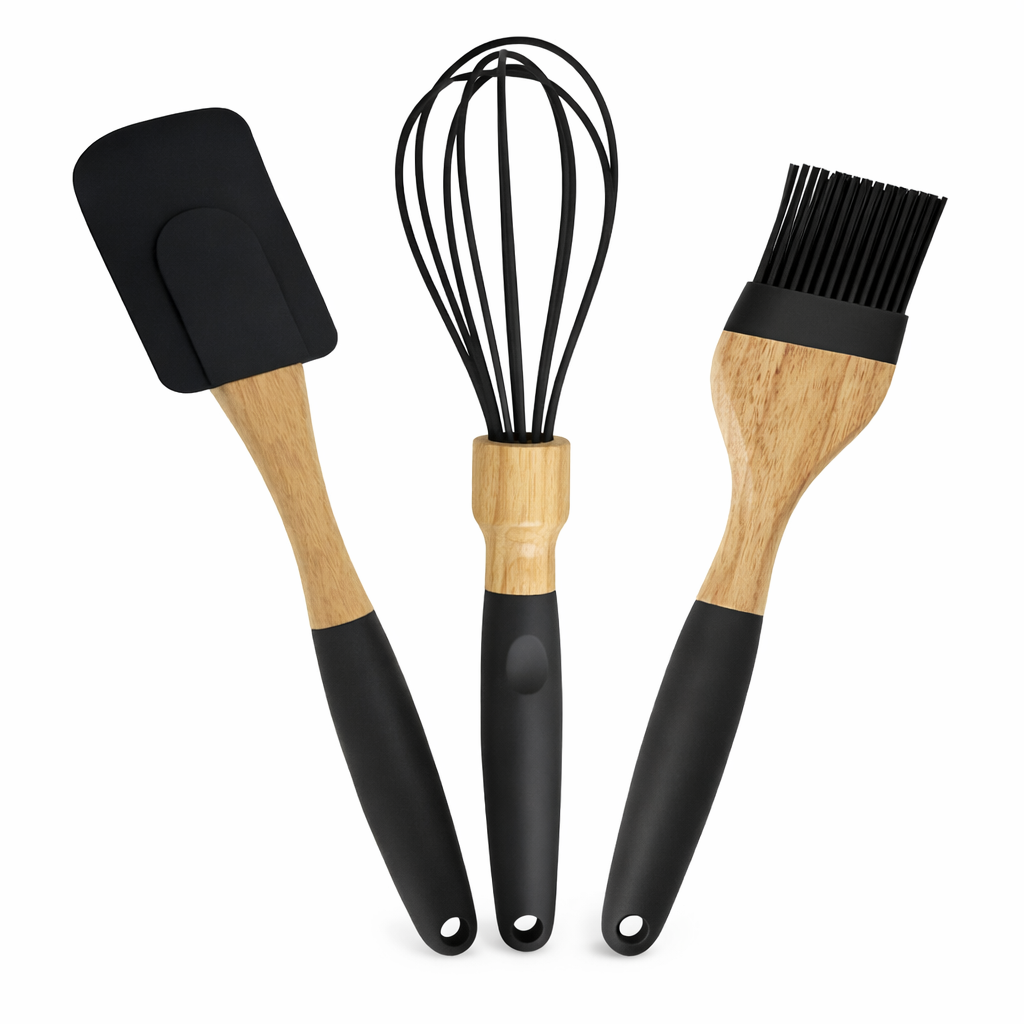 3PCS Non-Stick Baking Spoon Set – Silicone Spatula, Balloon Whisk & Basting Brush with Wooden Handles - Habitt