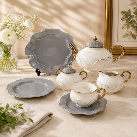 Forsacchi  Premium Porcelain Tea Set – Elegant White & Grey Ceramic Tea Set with Gold Accent, Teapot, Cups, Saucers & Serving Plates for 6 Persons | Luxury Tea & Coffee Serving Set