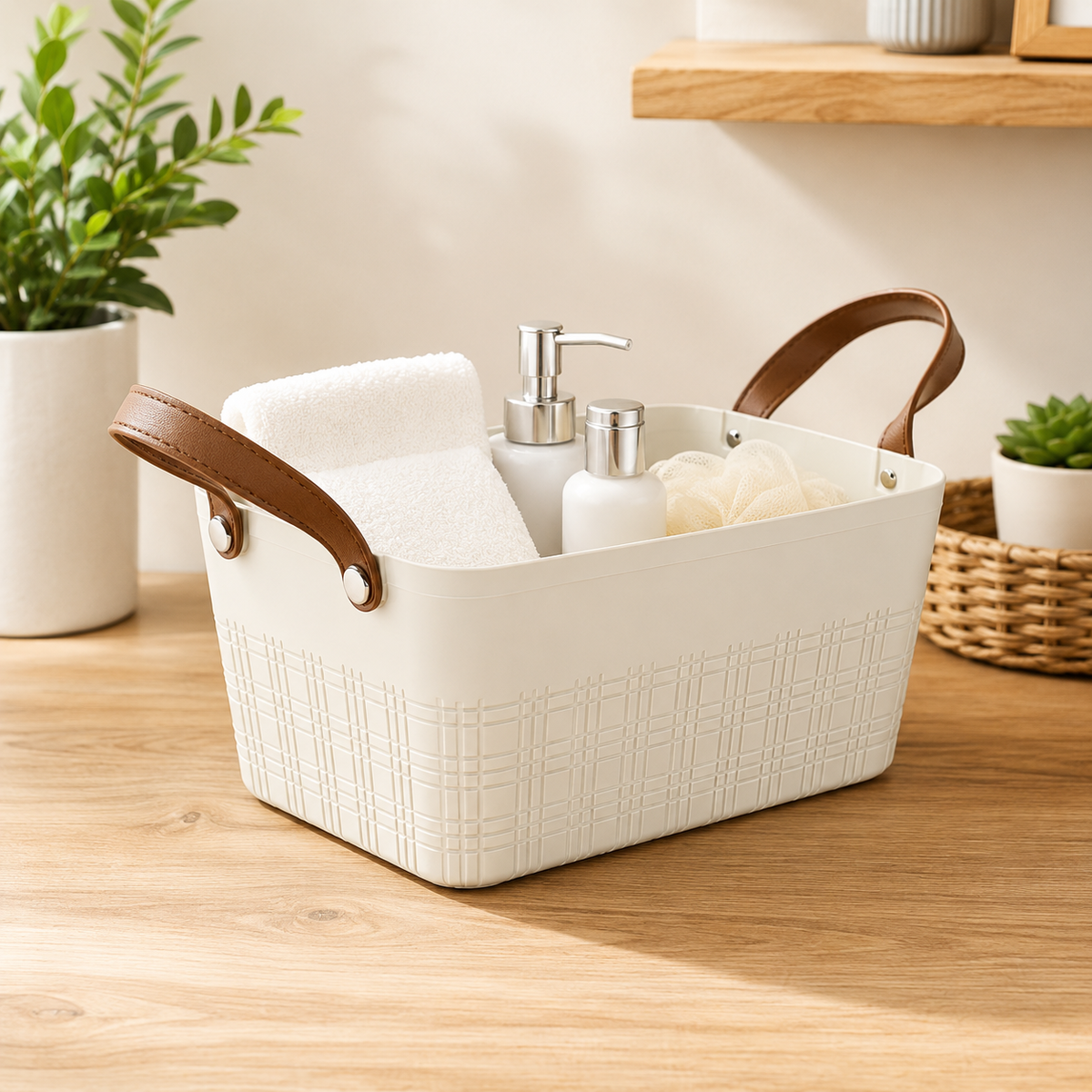 Medium Imitation Rattan Storage Basket with Leather Handles – Rectangle Multipurpose Organizer (10 x 7 x 5 Inches)