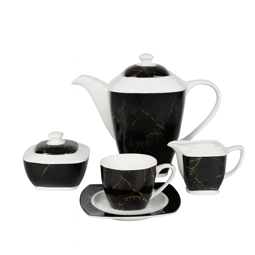 Elegant 15 Pcs Solecasa Coffee Set – Black Marble Porcelain Tea & Coffee Service 725 - Habitt