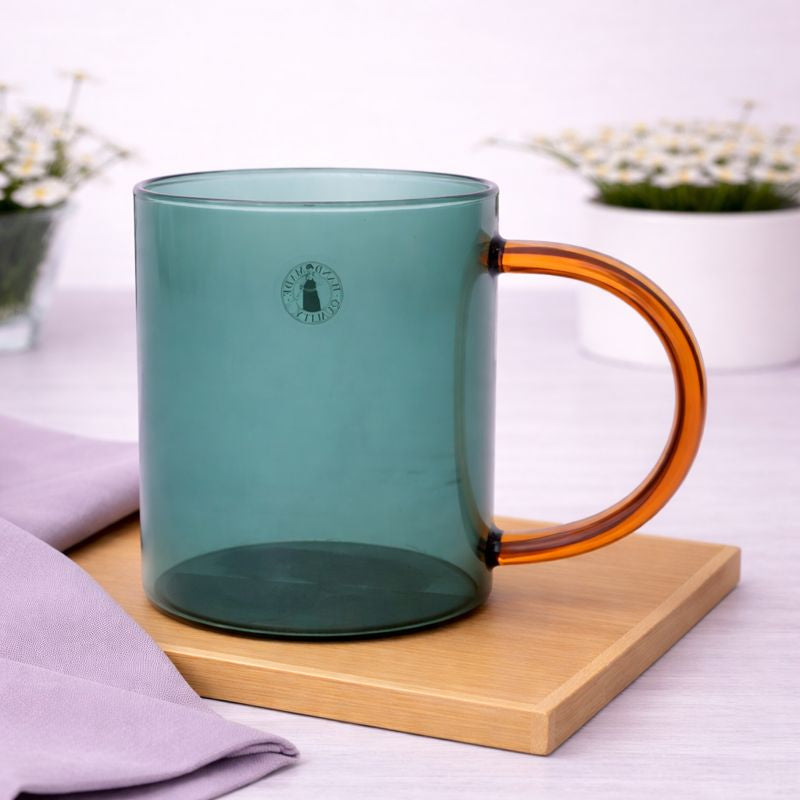 Green Transparent Glass Mug with Amber Handle - Habitt