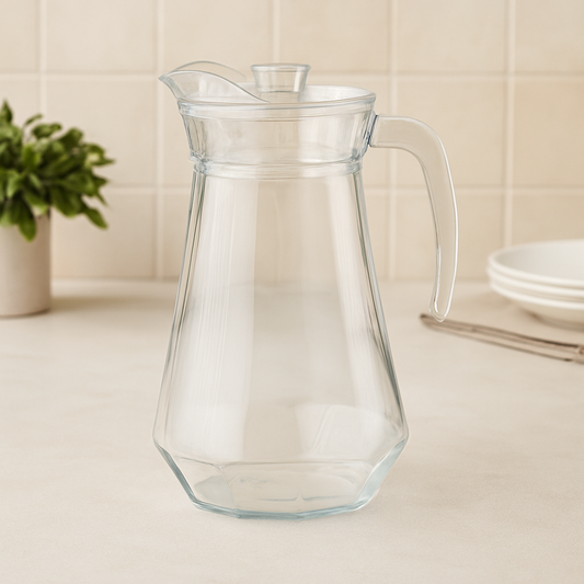 Clear Glass Jug 1300 ml with Hexagonal Base &amp; Easy-Pour Spout – Elegant Water & Juice Pitcher - Habitt