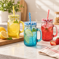 Assorted Color Mason Jar with Handle & Straw | Glass Drinking Jar