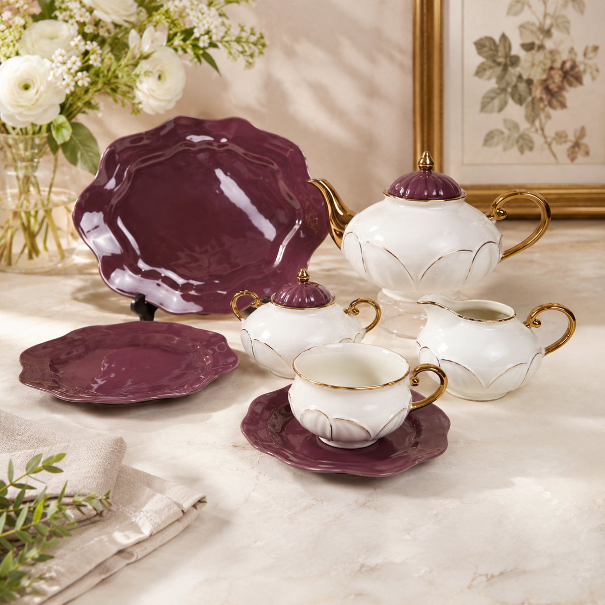 Forsacchi 24 Pcs Premium Porcelain Tea Set – Elegant White & Plum Ceramic Tea Set with Gold Accent, Teapot, Cups, Saucers & Serving Plates for 6 Persons | Luxury Tea Serving Set