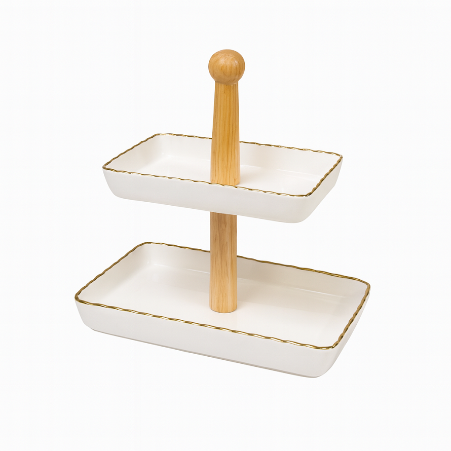 Stylish 2-Tier Rectangular Ceramic Stand – White with Gold Rim - Habitt