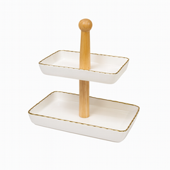Stylish 2-Tier Rectangular Ceramic Stand – White with Gold Rim - Habitt