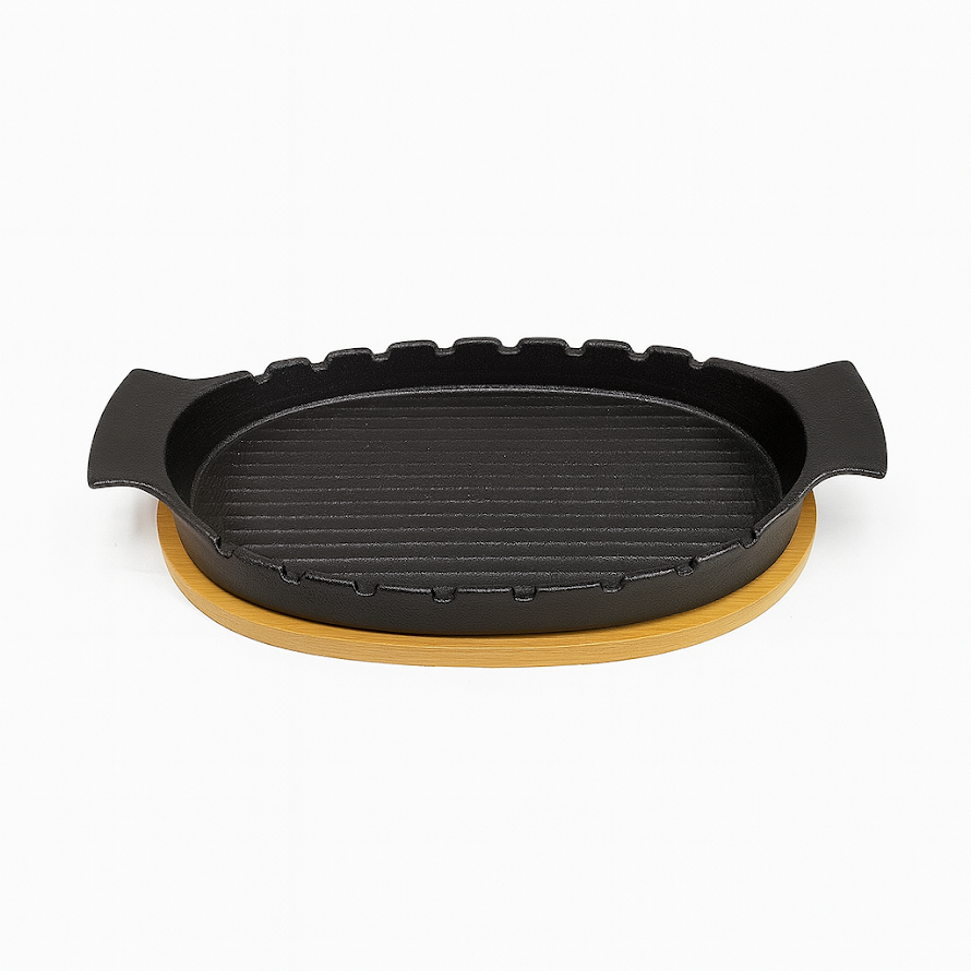 Stylish Oval Ceramic Sizzler with Wooden Base – Black - Habitt