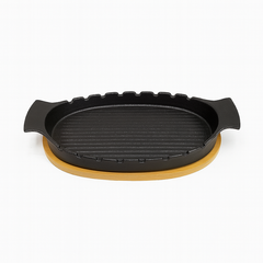 Stylish Oval Ceramic Sizzler with Wooden Base – Black - Habitt