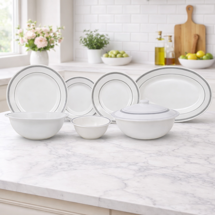 Chroma Stripes Dinner Set – Elegant White & Black Rim Design (22 / 30 / 43 PCS) - Habitt