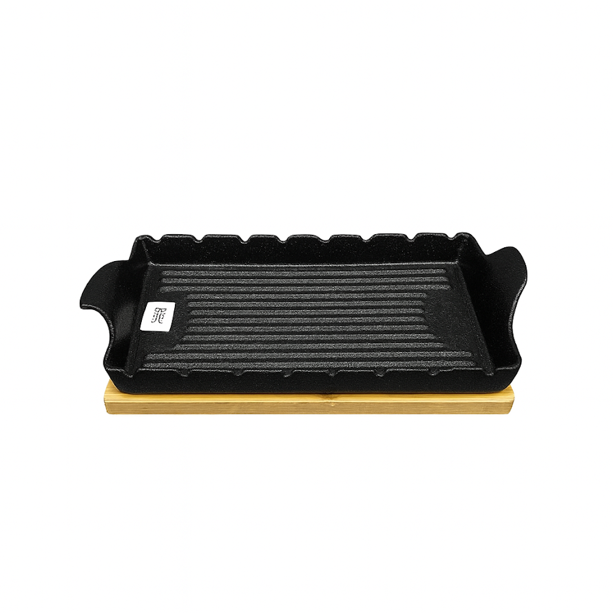Stylish Rectangular Ceramic Sizzler with Wooden Base – Black - Habitt