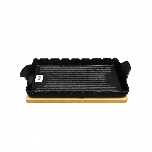 Stylish Rectangular Ceramic Sizzler with Wooden Base – Black - Habitt