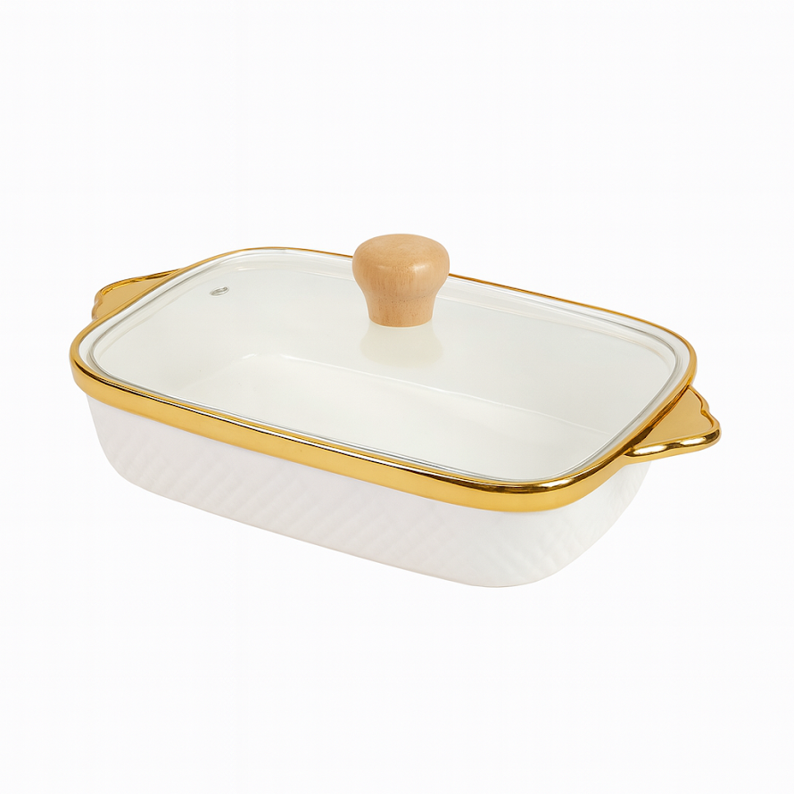 Stylish Rectangular Ceramic Serving Dish with Glass Lid – White & Gold - Habitt