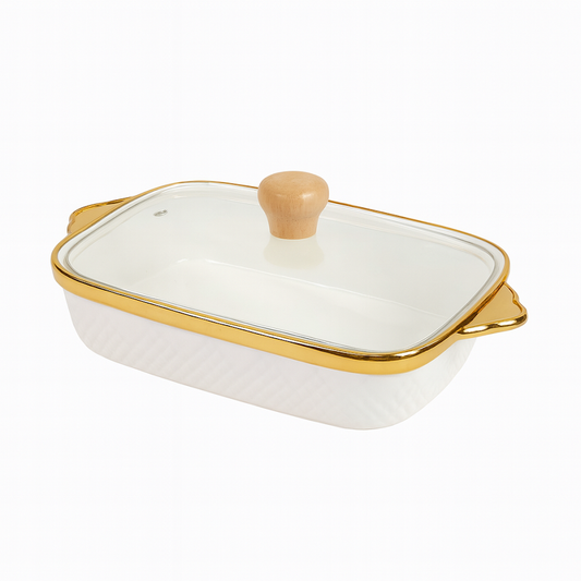 Stylish Rectangular Ceramic Serving Dish with Glass Lid – White & Gold - Habitt