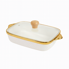 Stylish Rectangular Ceramic Serving Dish with Glass Lid – White & Gold - Habitt