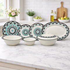 Ebony Symphony Dinner Set – Harmonious Elegance in Black, White & Teal (22 / 30 / 43 PCS) - Habitt